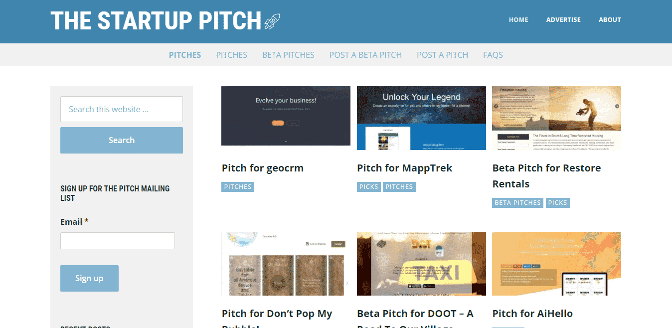 the startup pitch startup listing