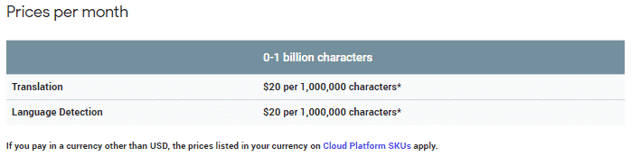 google translate API price
