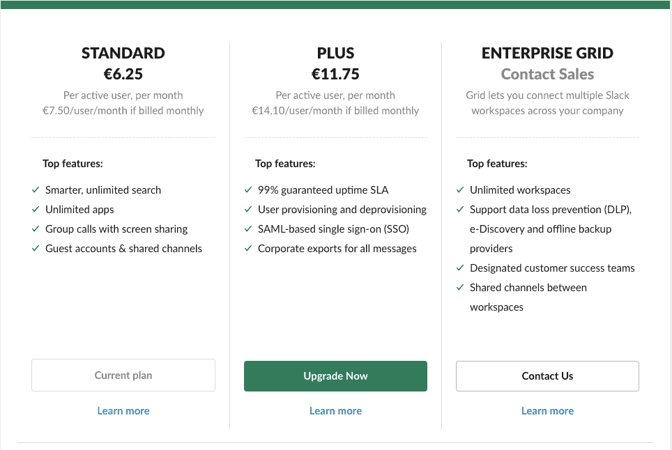 Slack plans cost