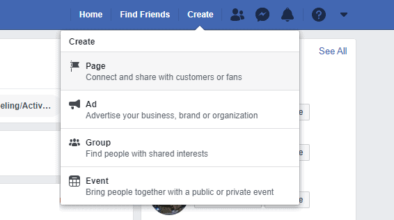 Go to Facebook Pages or click on “Create” -> “Page”