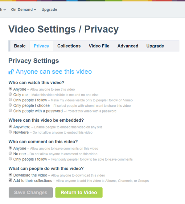 Vimeo privacy settings