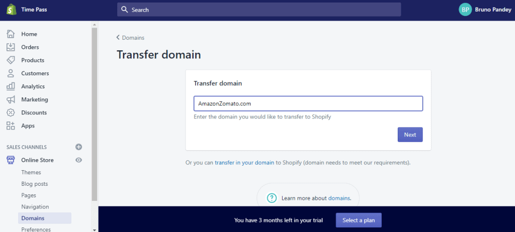 Transferring an existing domain to Shopify