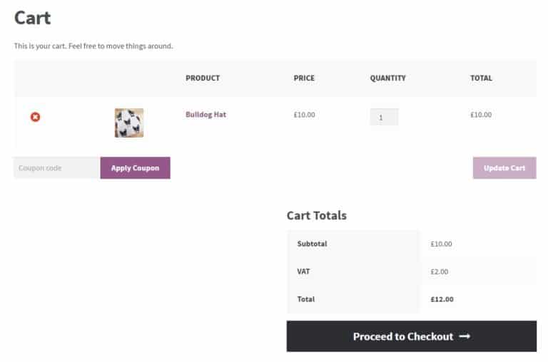 Example of shopping cart page with the Storefront theme