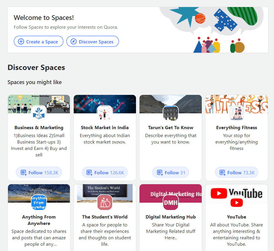 Quora Discover Spaces