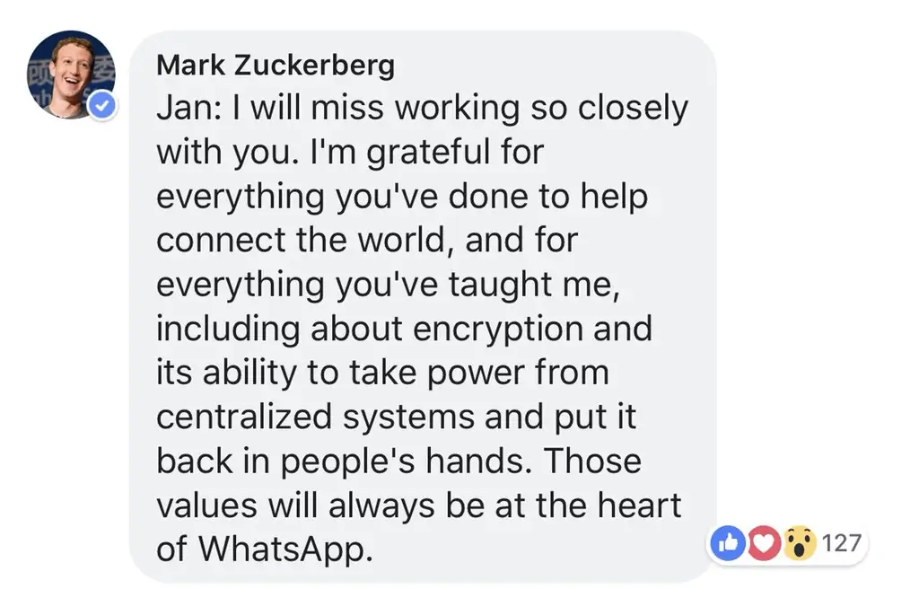 Mark Zuckerberg's reply to Jan Koum