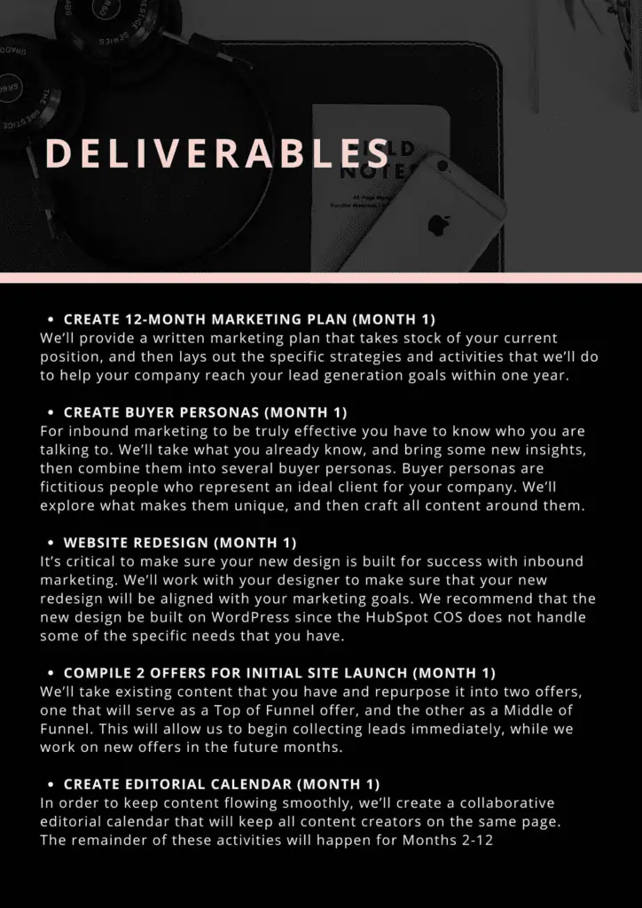 Deliverables section - business proposal