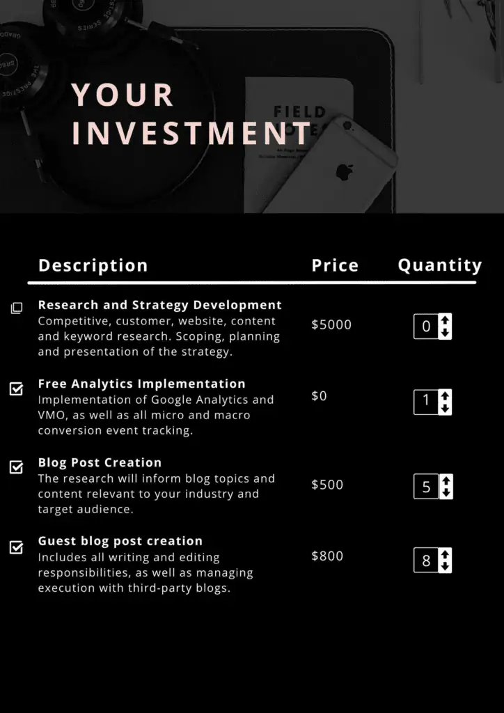 pricing section - business proposal